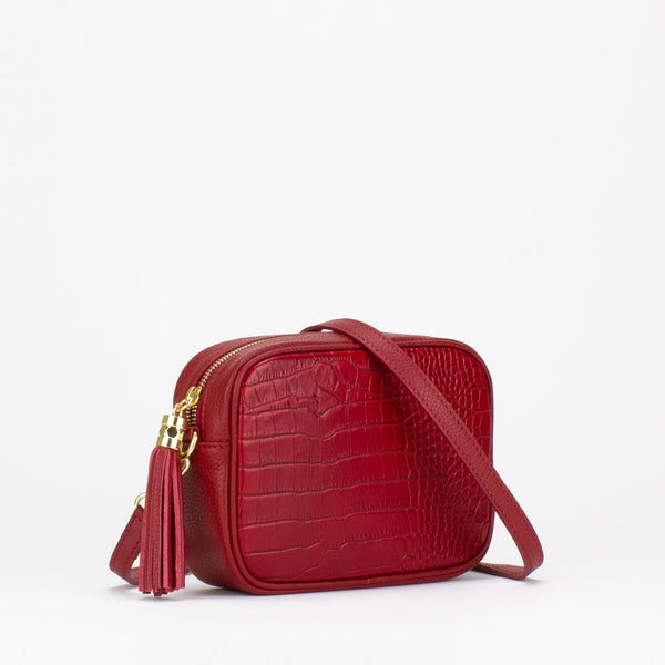 Evie Camera Bag in red Italian croc print leather