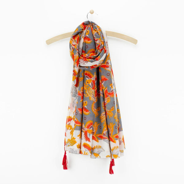 Cotton Bird Print Scarf, Grey MIx