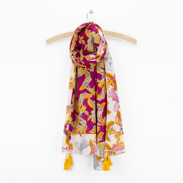 Cotton Bird Print Scarf, Pink MIx