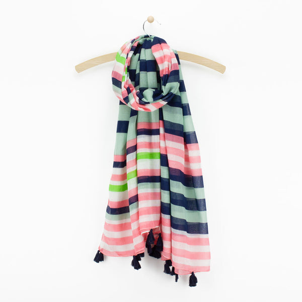 Cotton Stripe Tassel Scarf, Navy Mix