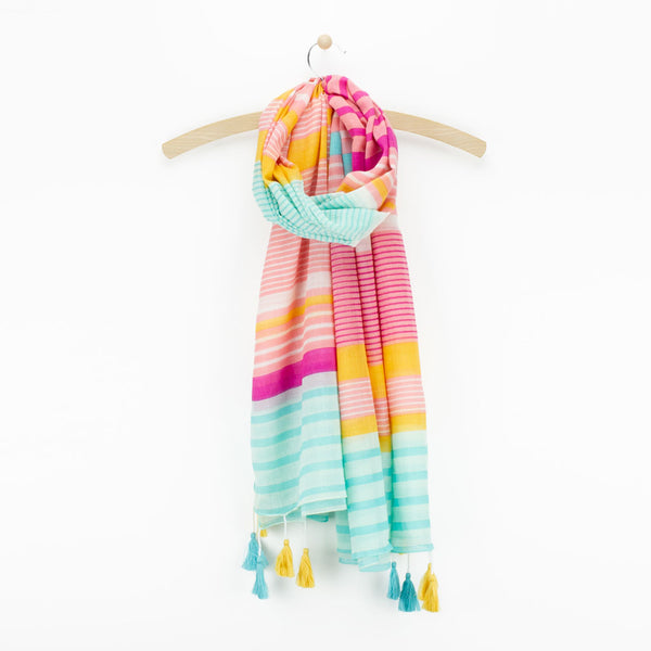 Cotton Stripe Tassel Scarf, Pink Mix