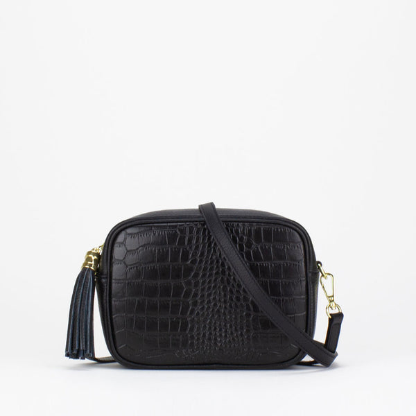 Evie Camera Bag in black Italian croc print leather