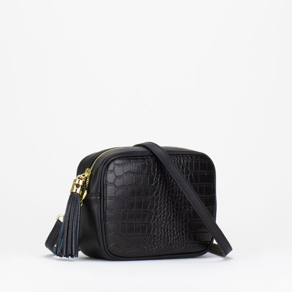 Evie Camera Bag in black Italian croc print leather