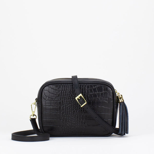 Evie Camera Bag in black Italian croc print leather