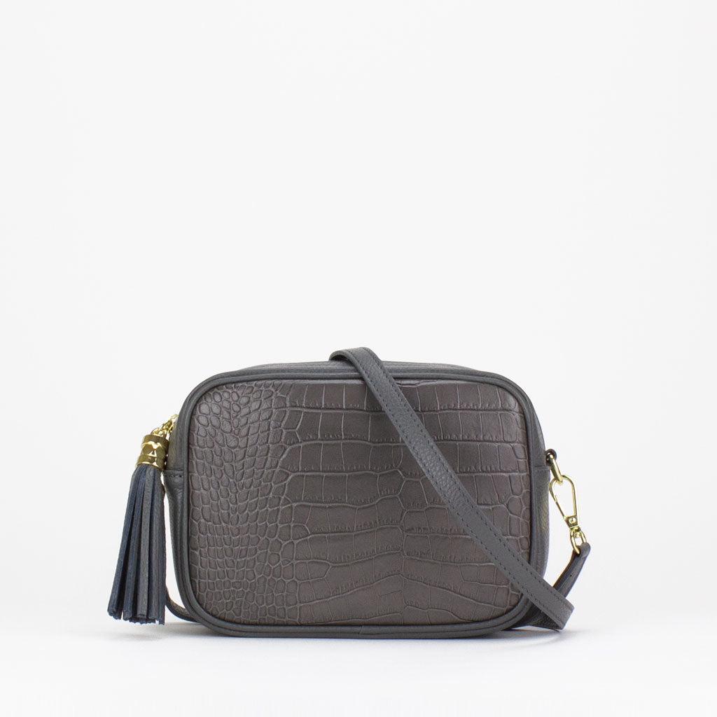 Evie Camera Bag in dark grey Italian croc print leather