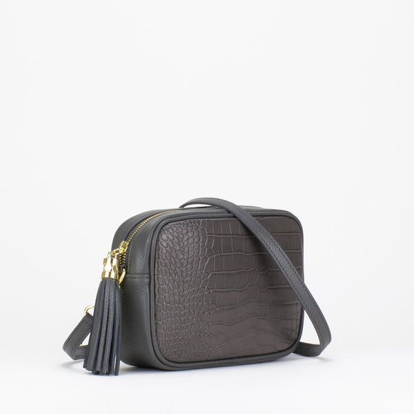 Evie Camera Bag in dark grey Italian croc print leather