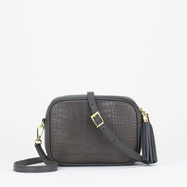 Evie Camera Bag in dark grey Italian croc print leather