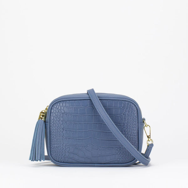 Evie Camera Bag in denim blue Italian croc print leather