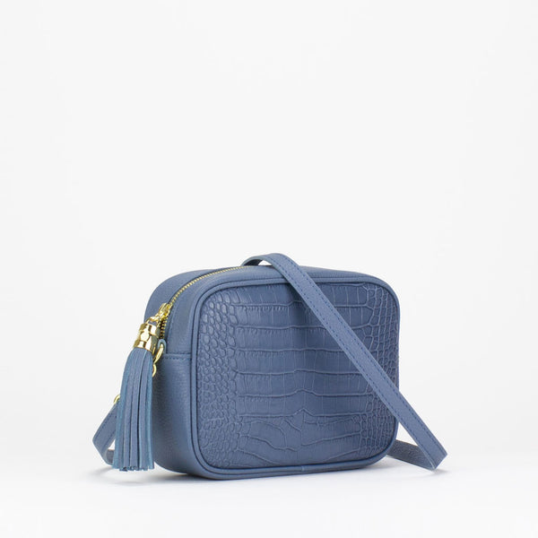 Evie Camera Bag in denim blue Italian croc print leather