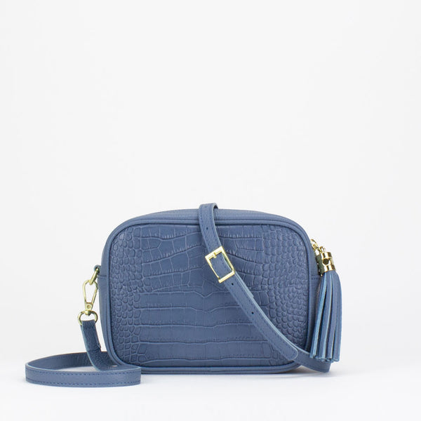 Evie Camera Bag in denim blue Italian croc print leather