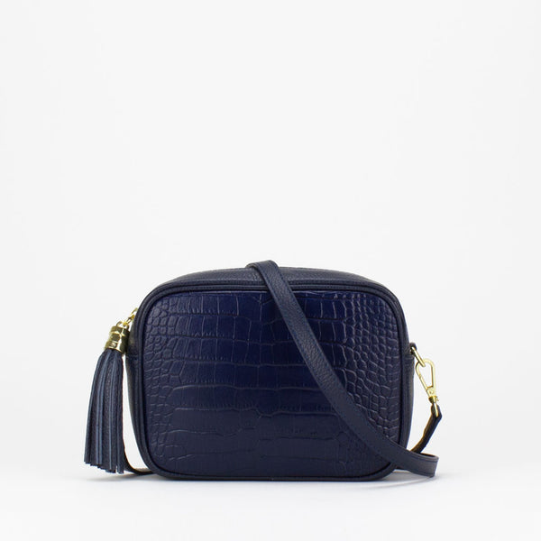 Evie Camera Bag in navy Italian croc print leather