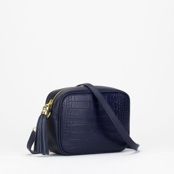 Evie Camera Bag in navy Italian croc print leather