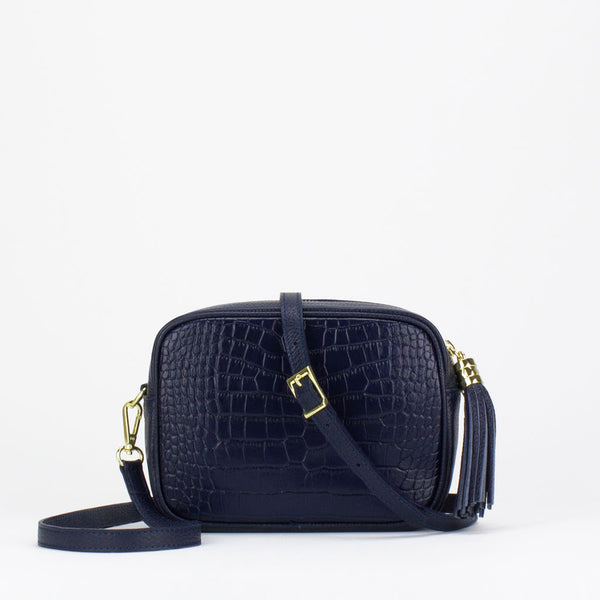 Evie Camera Bag in navy Italian croc print leather