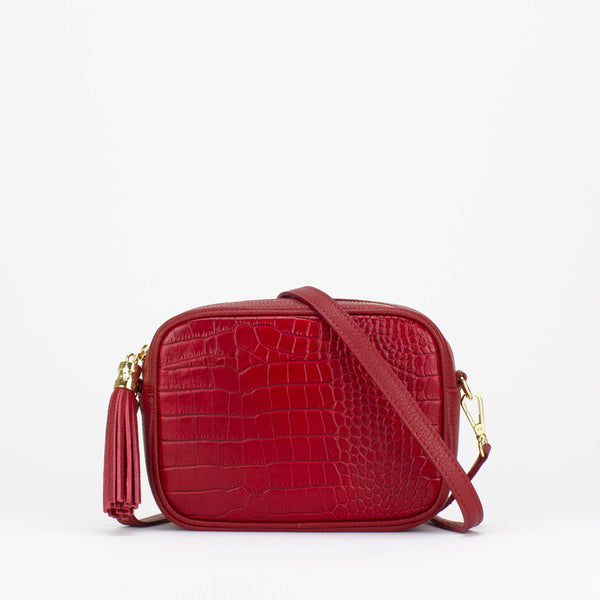 Evie Camera Bag in red Italian croc print leather