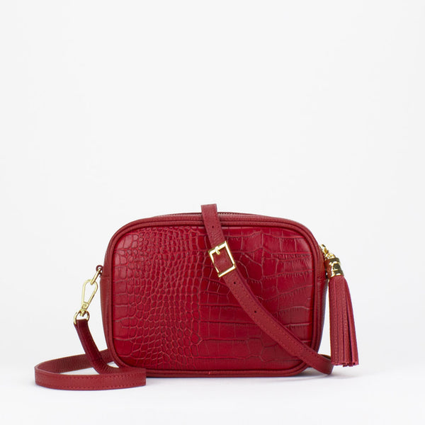 Evie Camera Bag in red Italian croc print leather