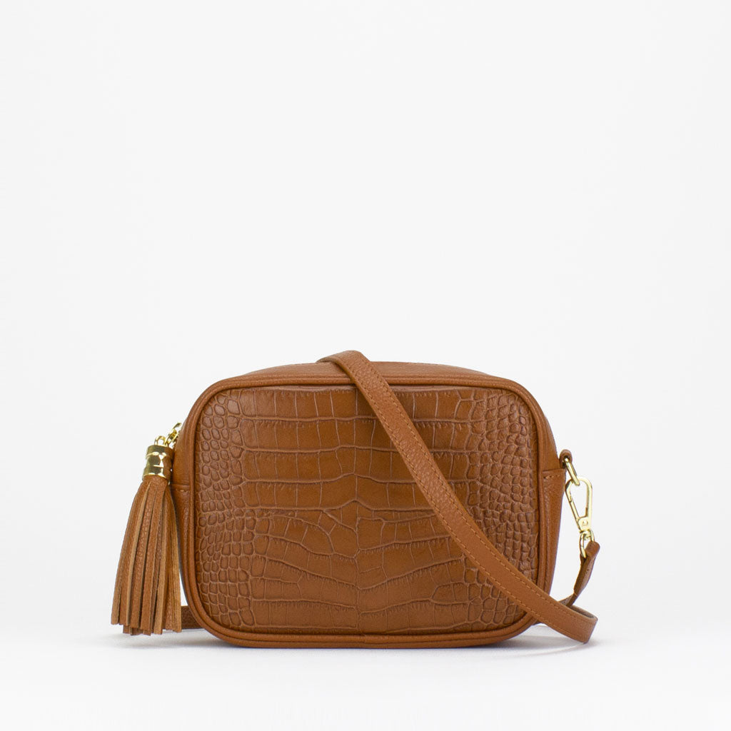 Evie Camera Bag in tan Italian croc print leather