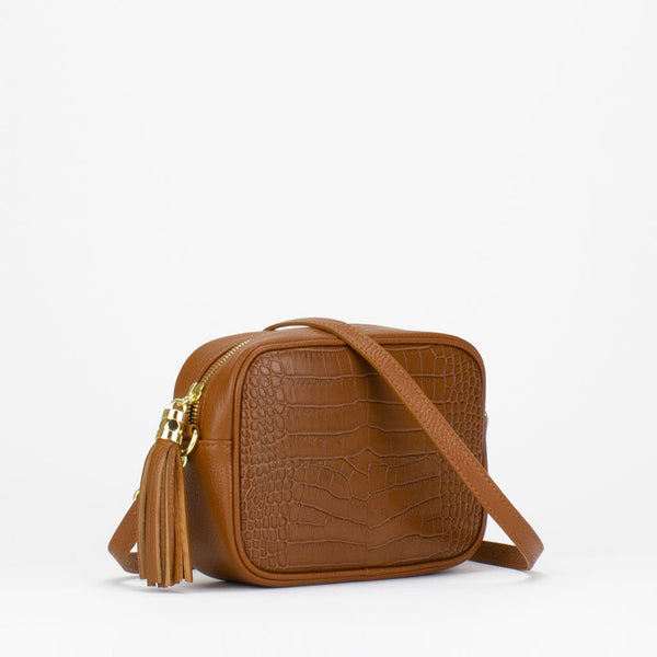 Evie Camera Bag in tan Italian croc print leather