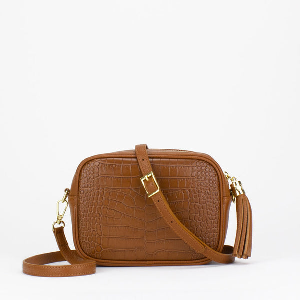 Evie Camera Bag in tan Italian croc print leather