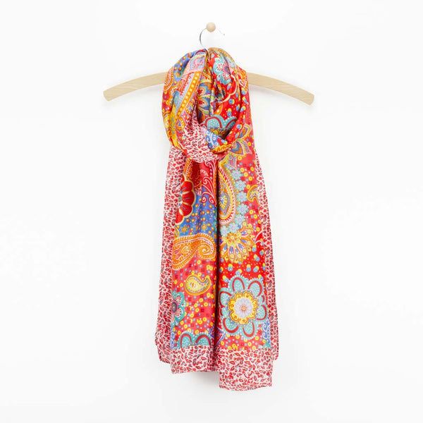 Paisley Print Satin Scarf, Red Mix